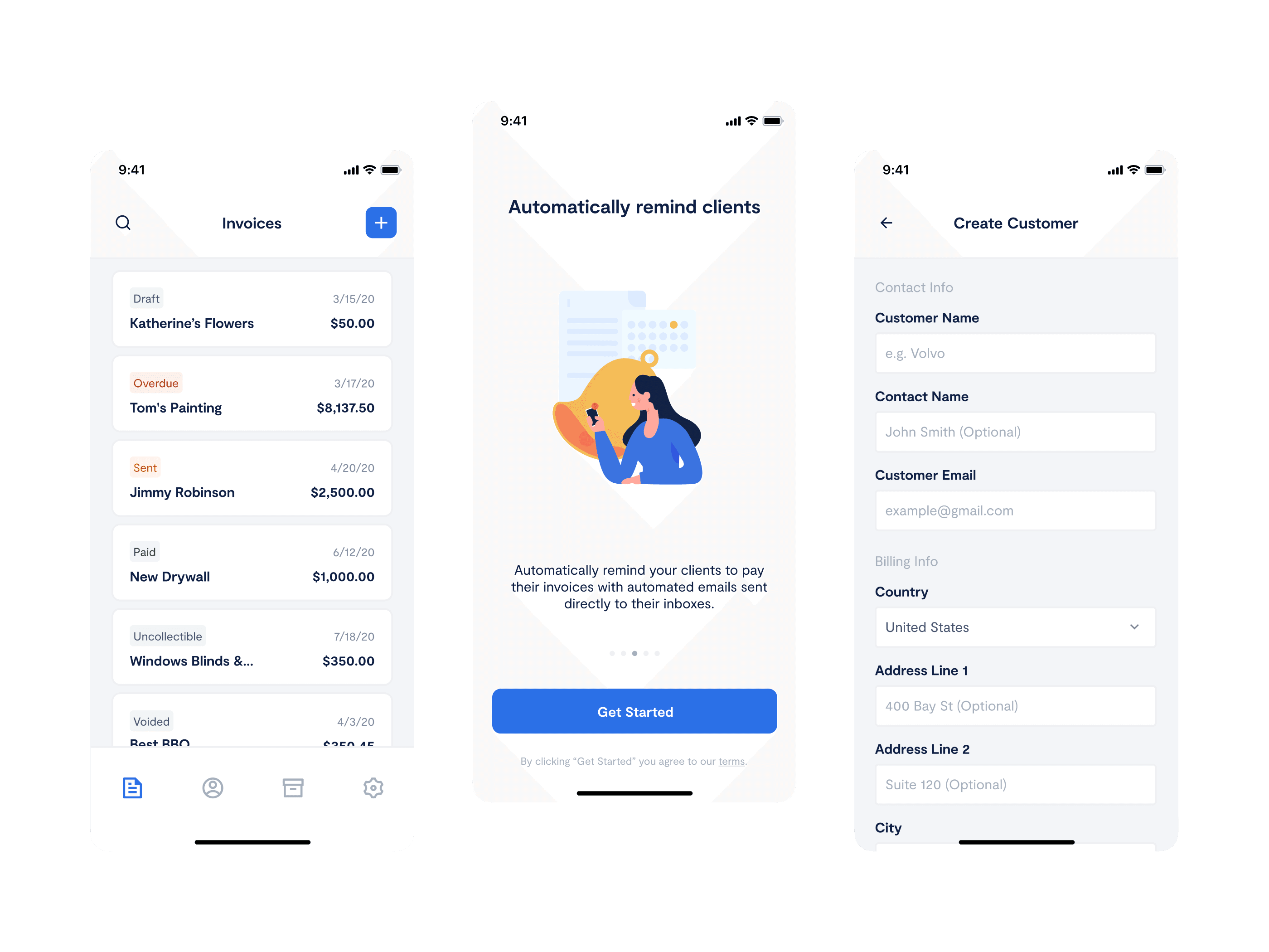 Paidly mobile app showing invoice list, automatic reminders feature, and customer creation form