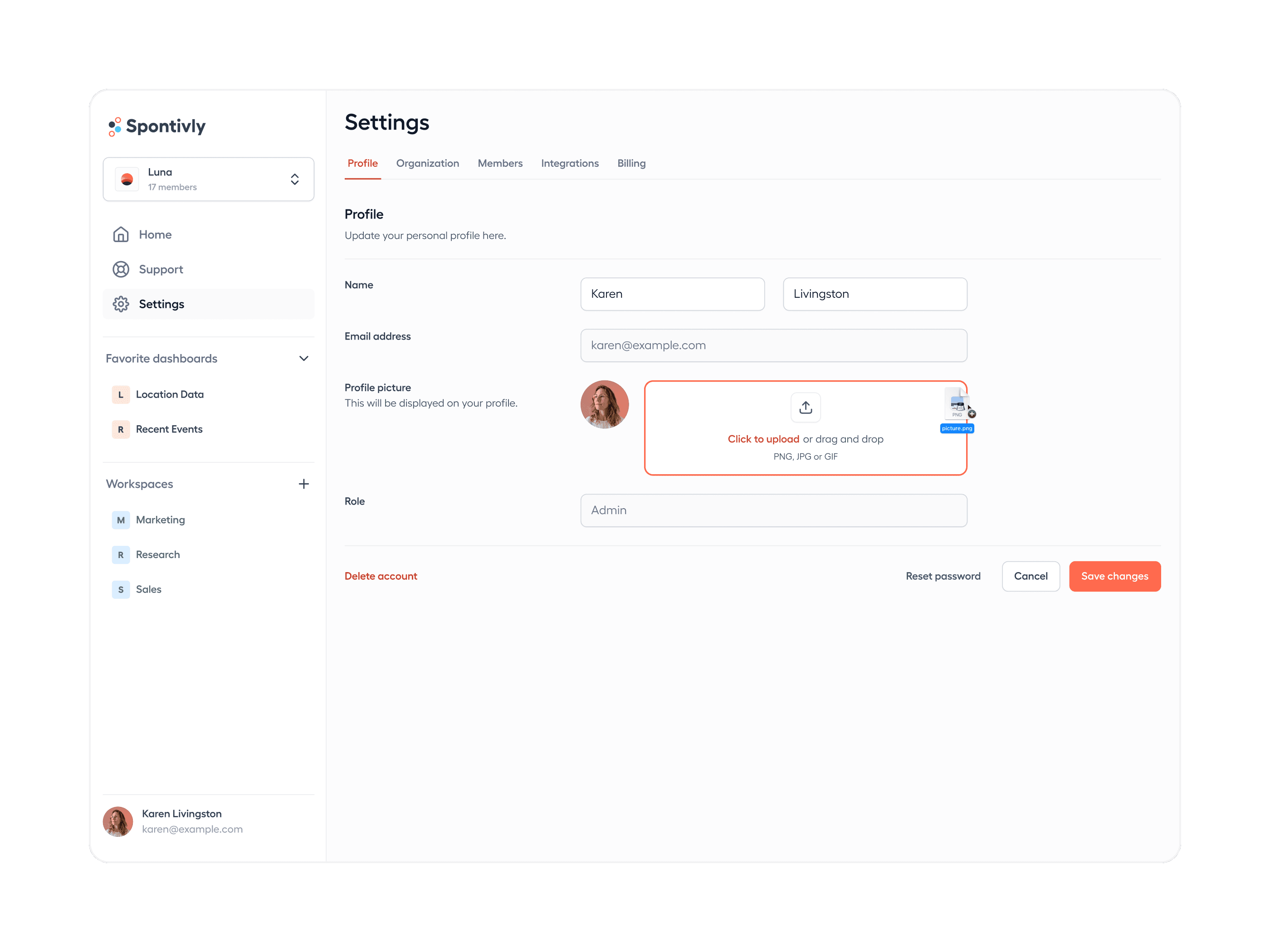 Spontivly profile settings interface showing personal information management and profile picture upload