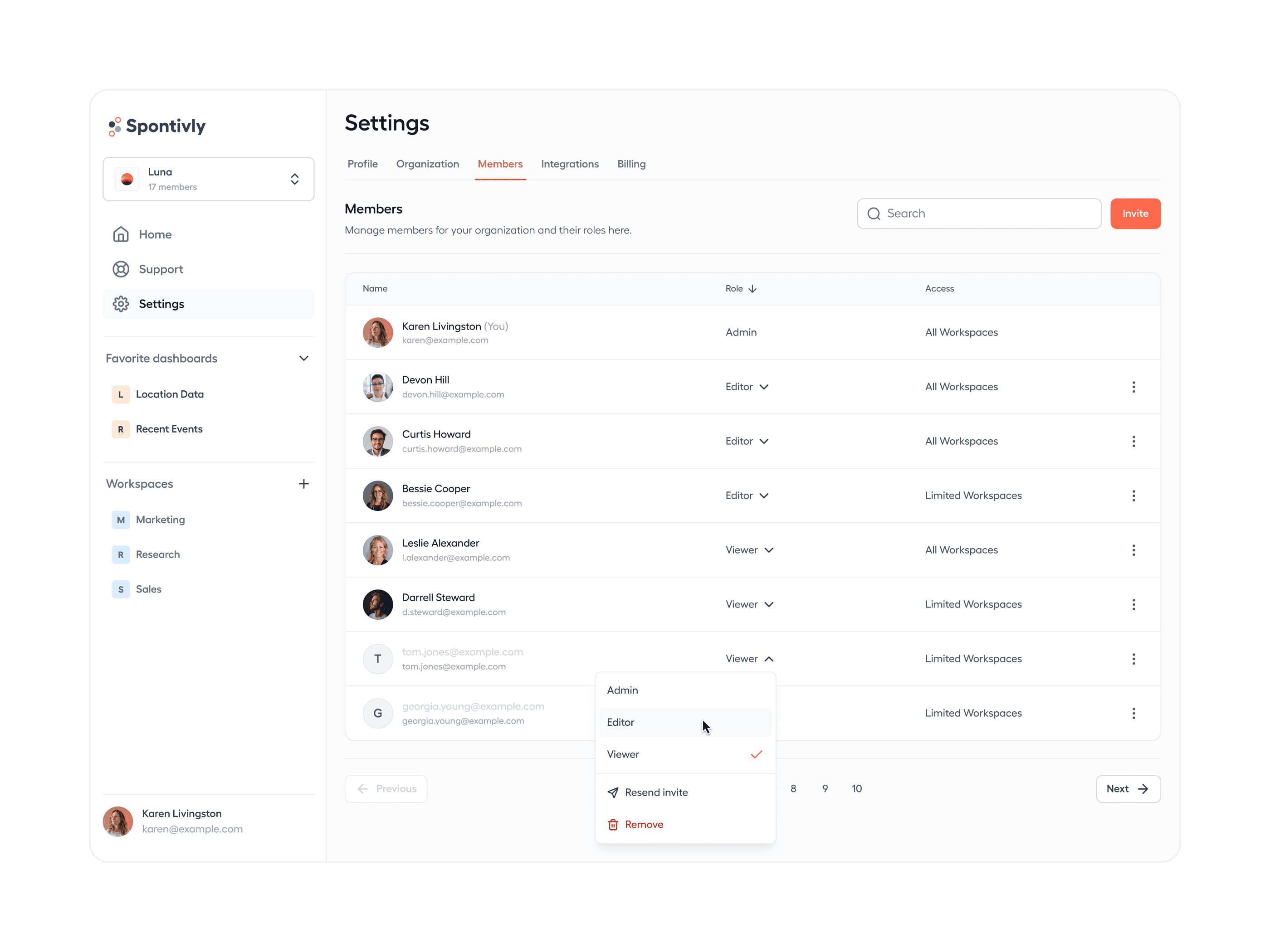 Spontivly team management interface showing member roles, permissions, and workspace access controls
