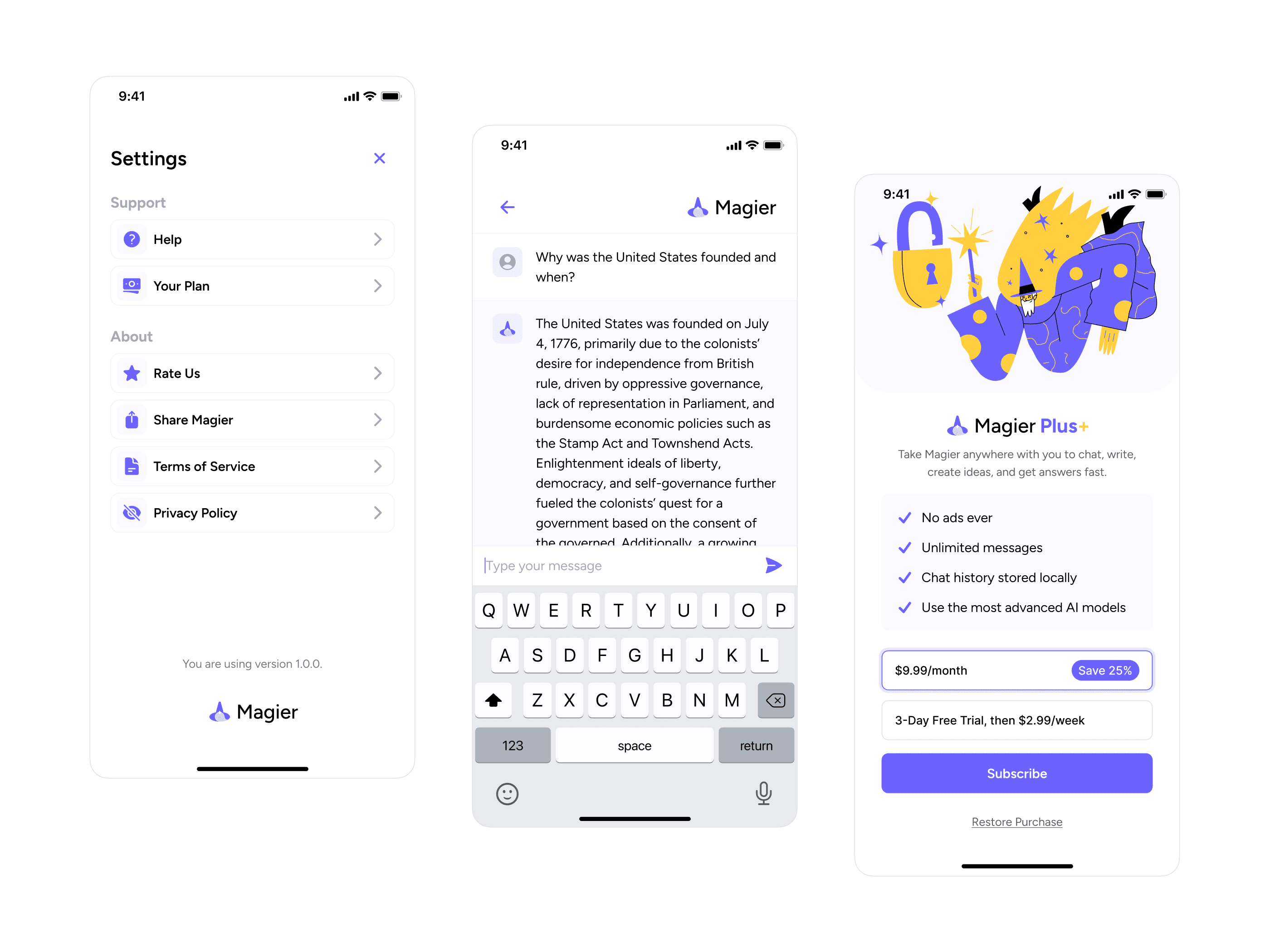 Magier AI chatbot mobile app screens showing settings, chat interface, and subscription options