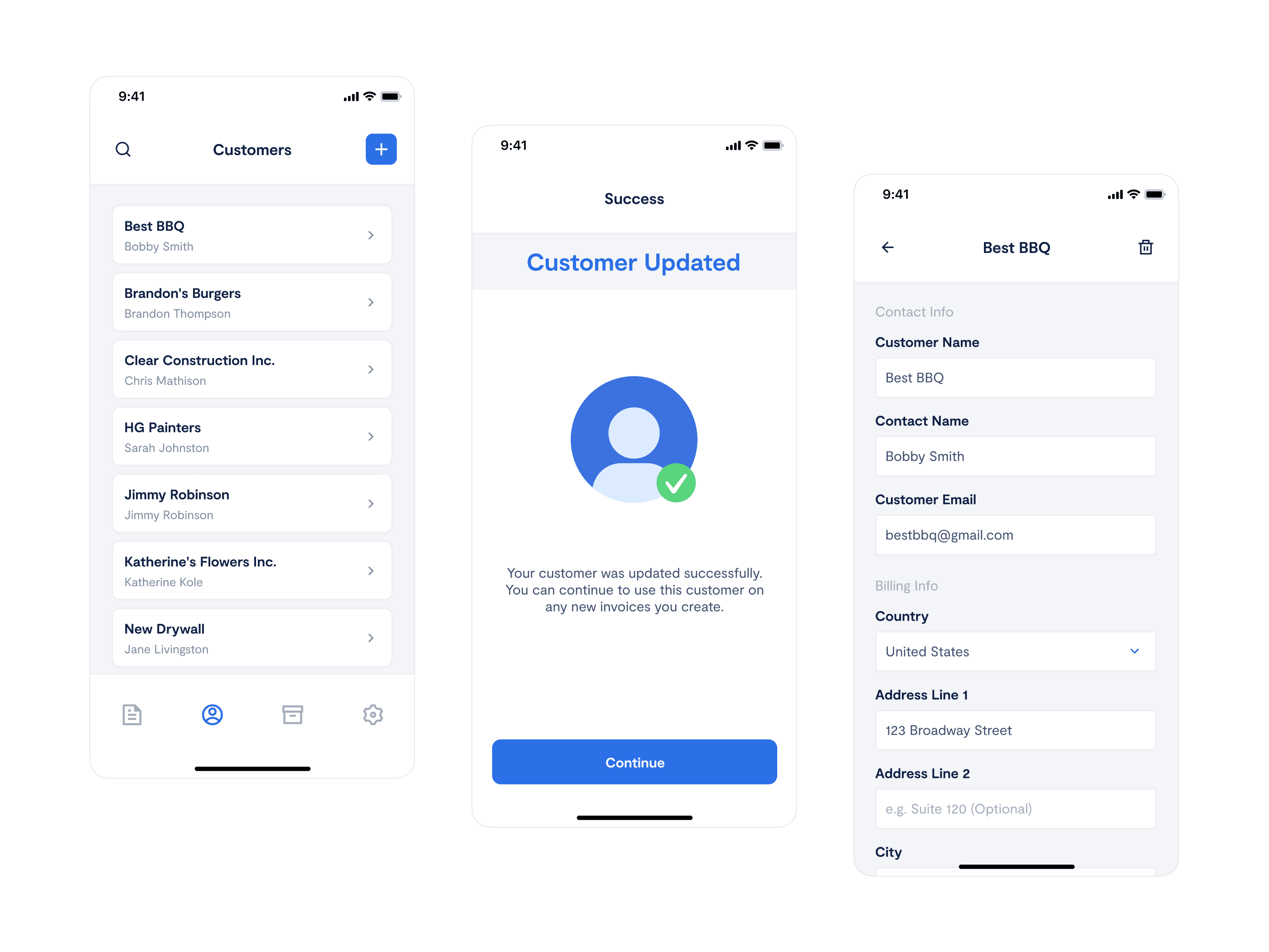 Paidly app screens showing customer management: customer list, success confirmation, and customer details form