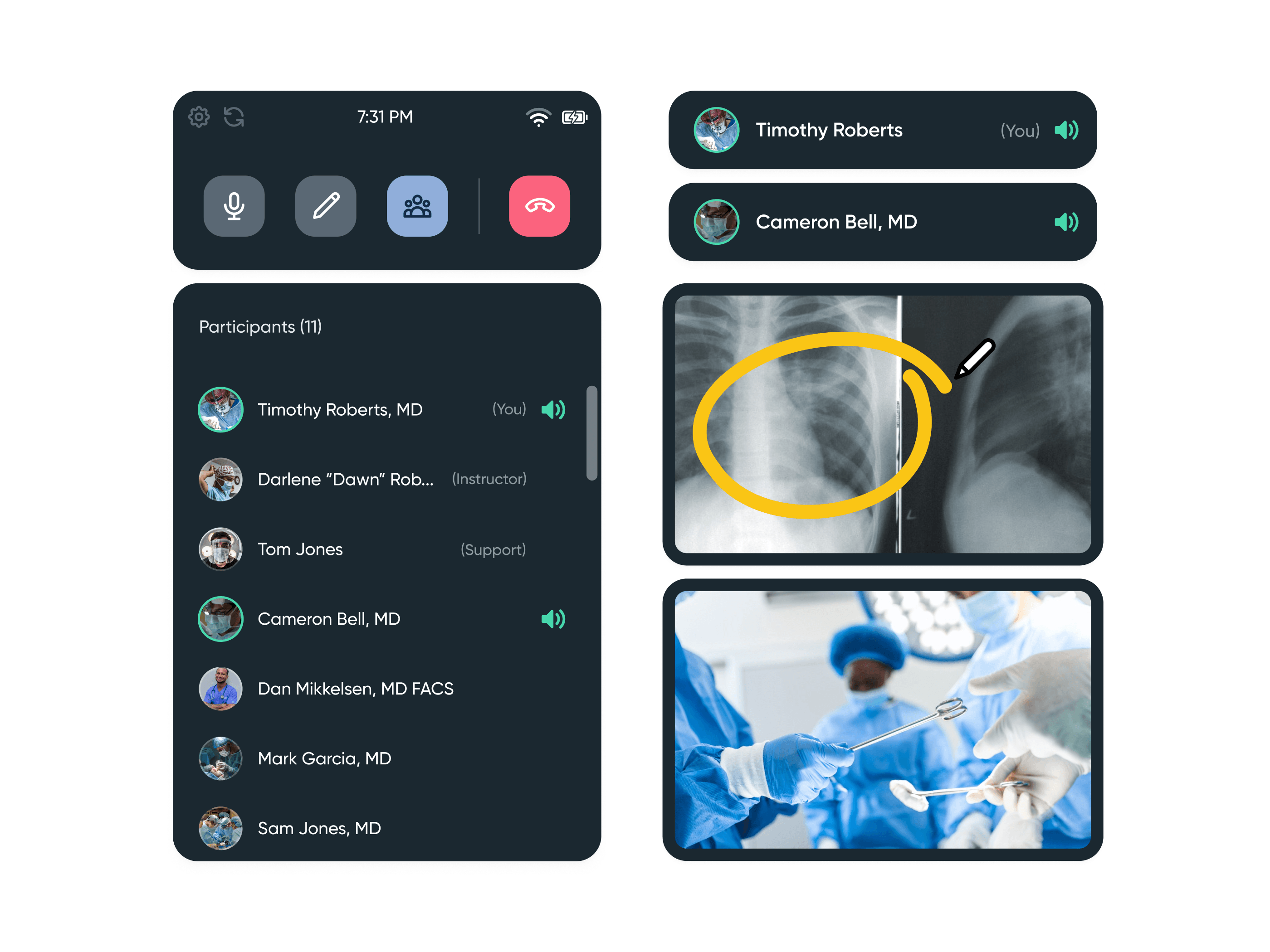 Immertec VR interface showing participant list, medical imaging with annotations, and surgical procedure views