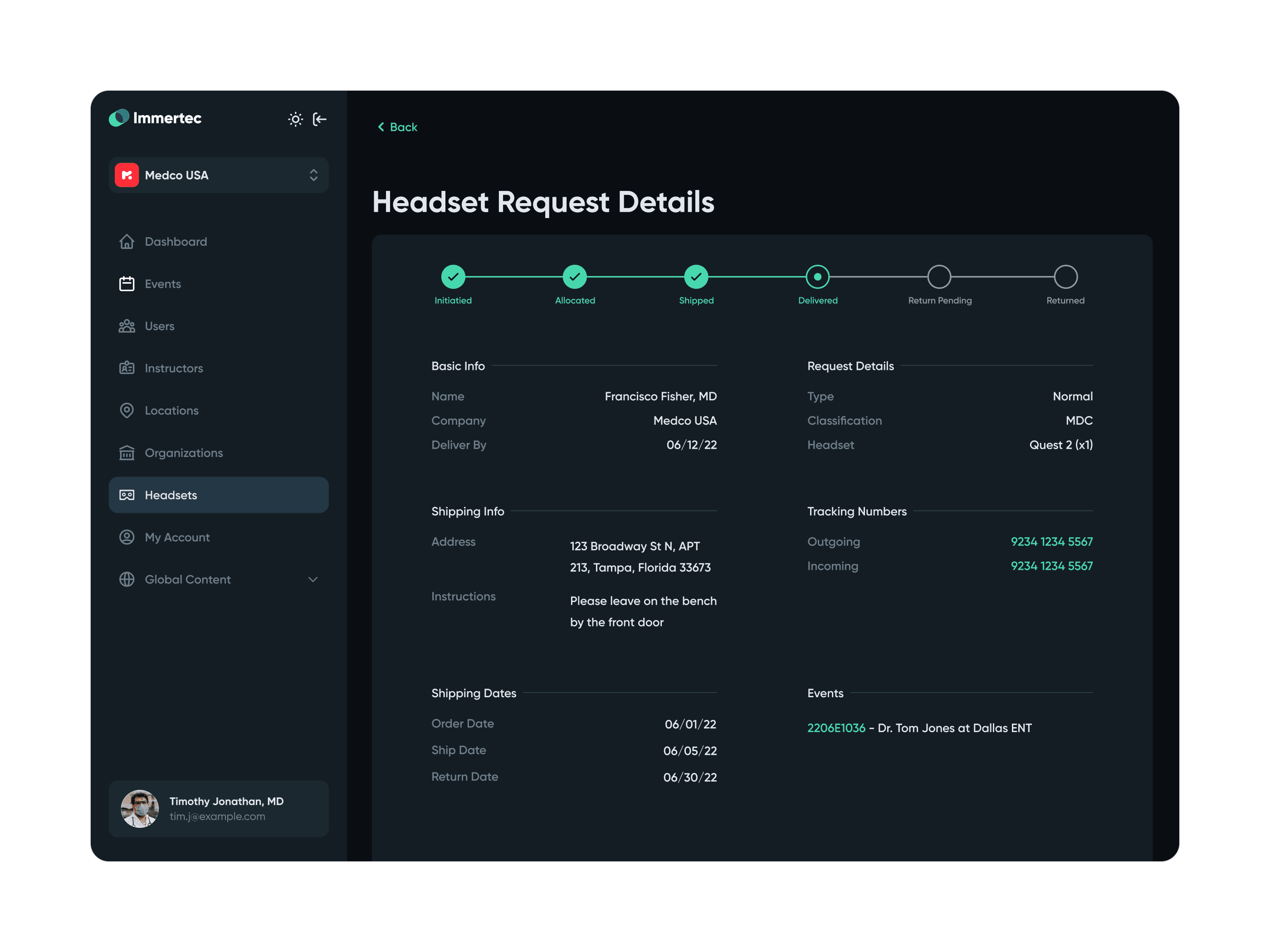 Immertec headset request management interface showing request status, shipping details, and tracking information