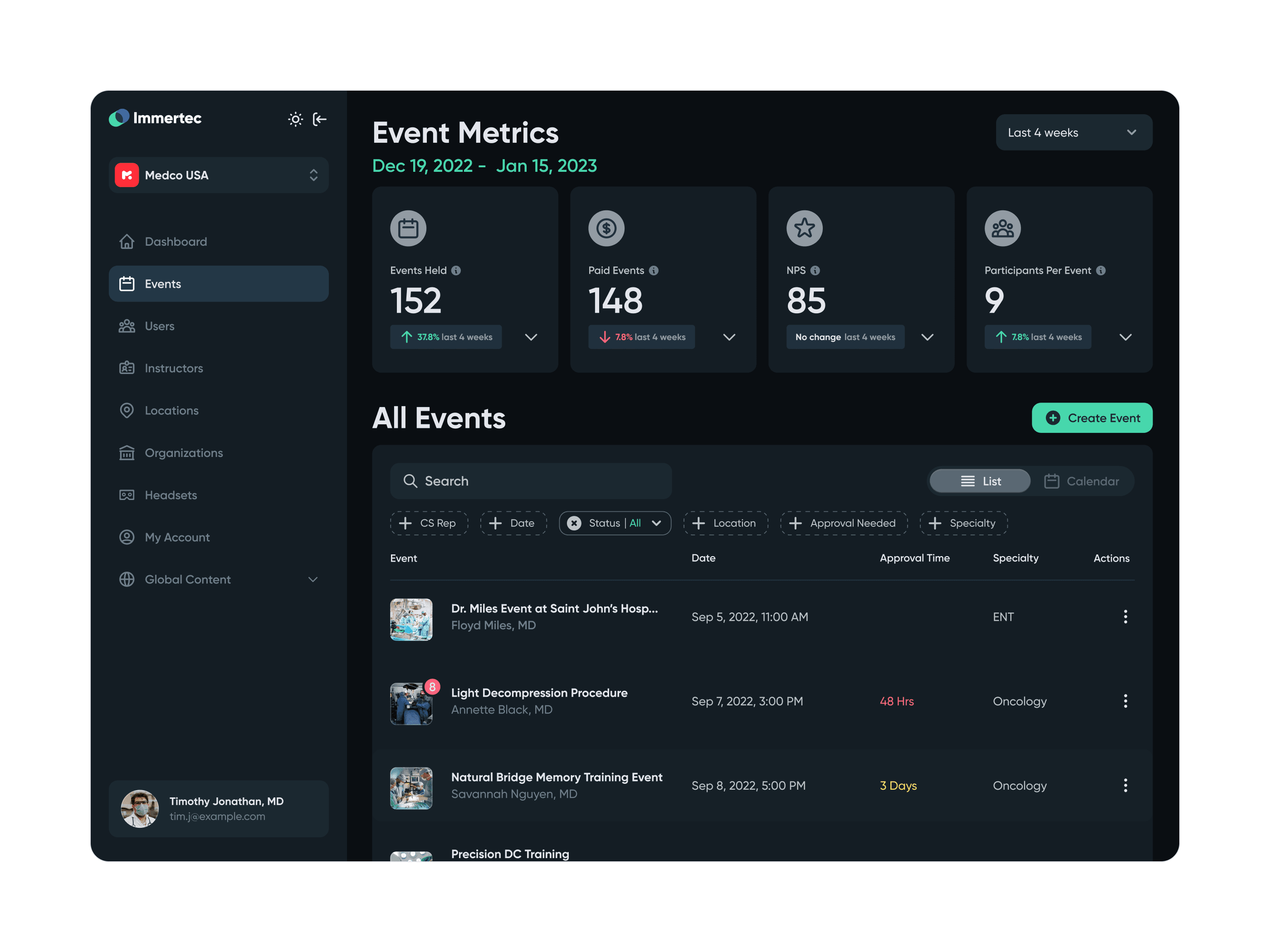 Immertec event list interface showing detailed event information, filtering options, and approval status for medical training sessions