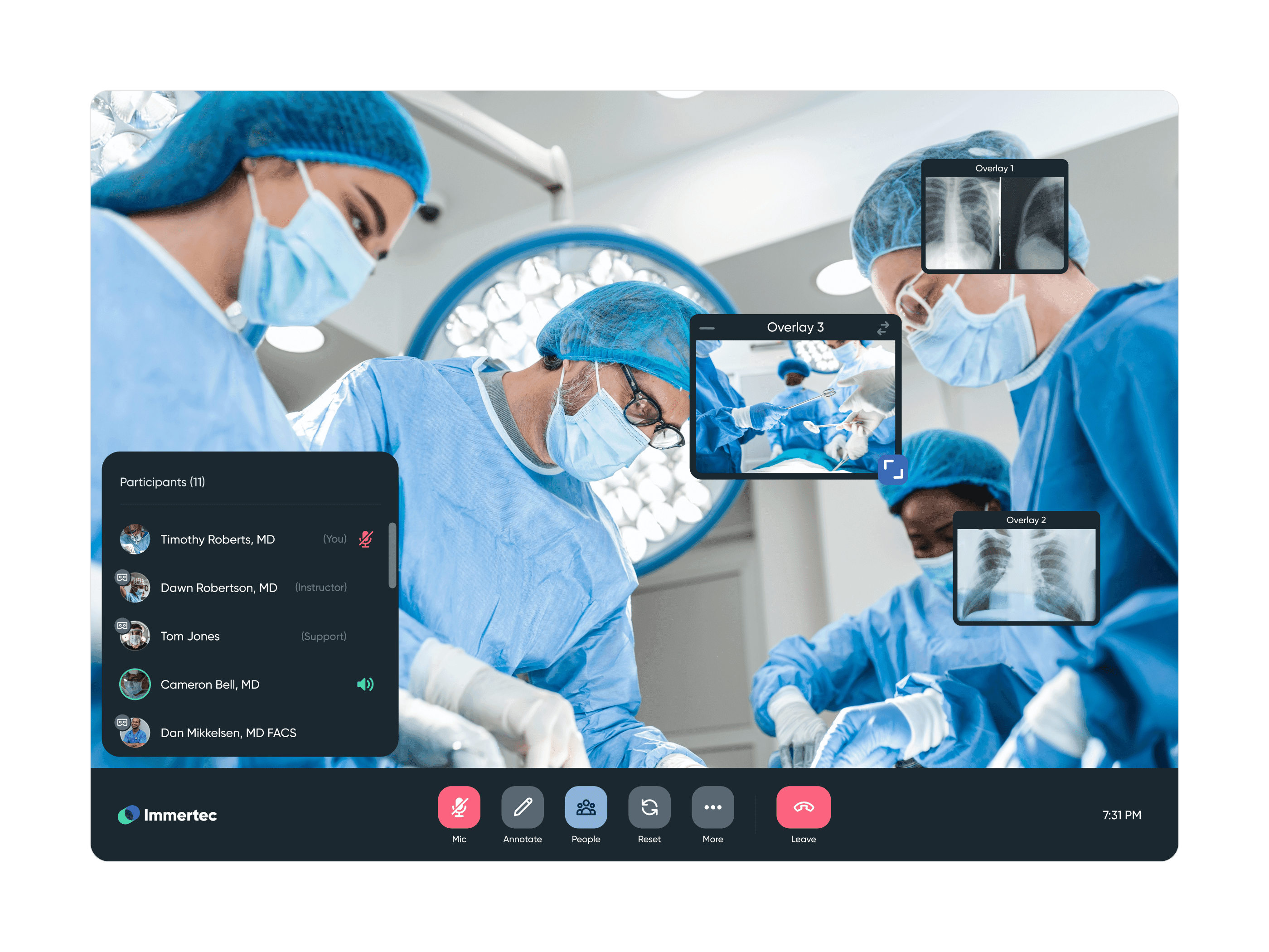 Immertec web viewer interface showing live surgical procedure with participant list, medical imaging overlays, and interactive controls for collaboration