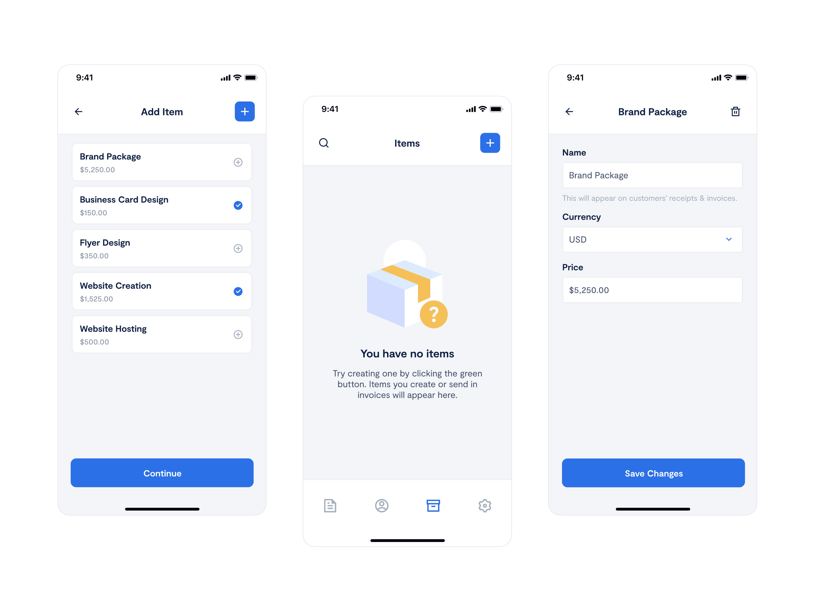 Paidly app screens showing item management: adding items, empty state, and item creation form