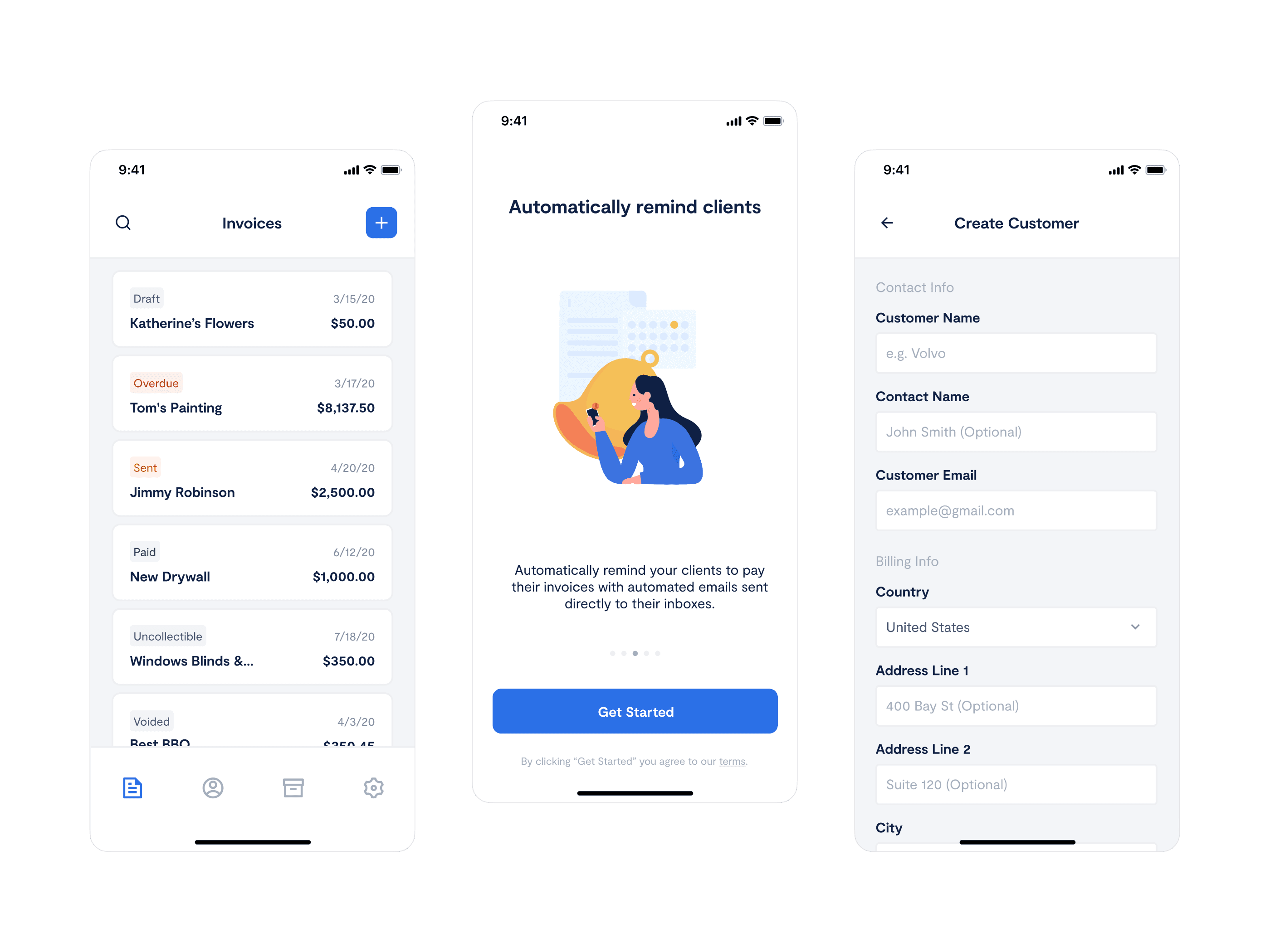 Paidly mobile app showing invoice list, automatic reminders feature, and customer creation form