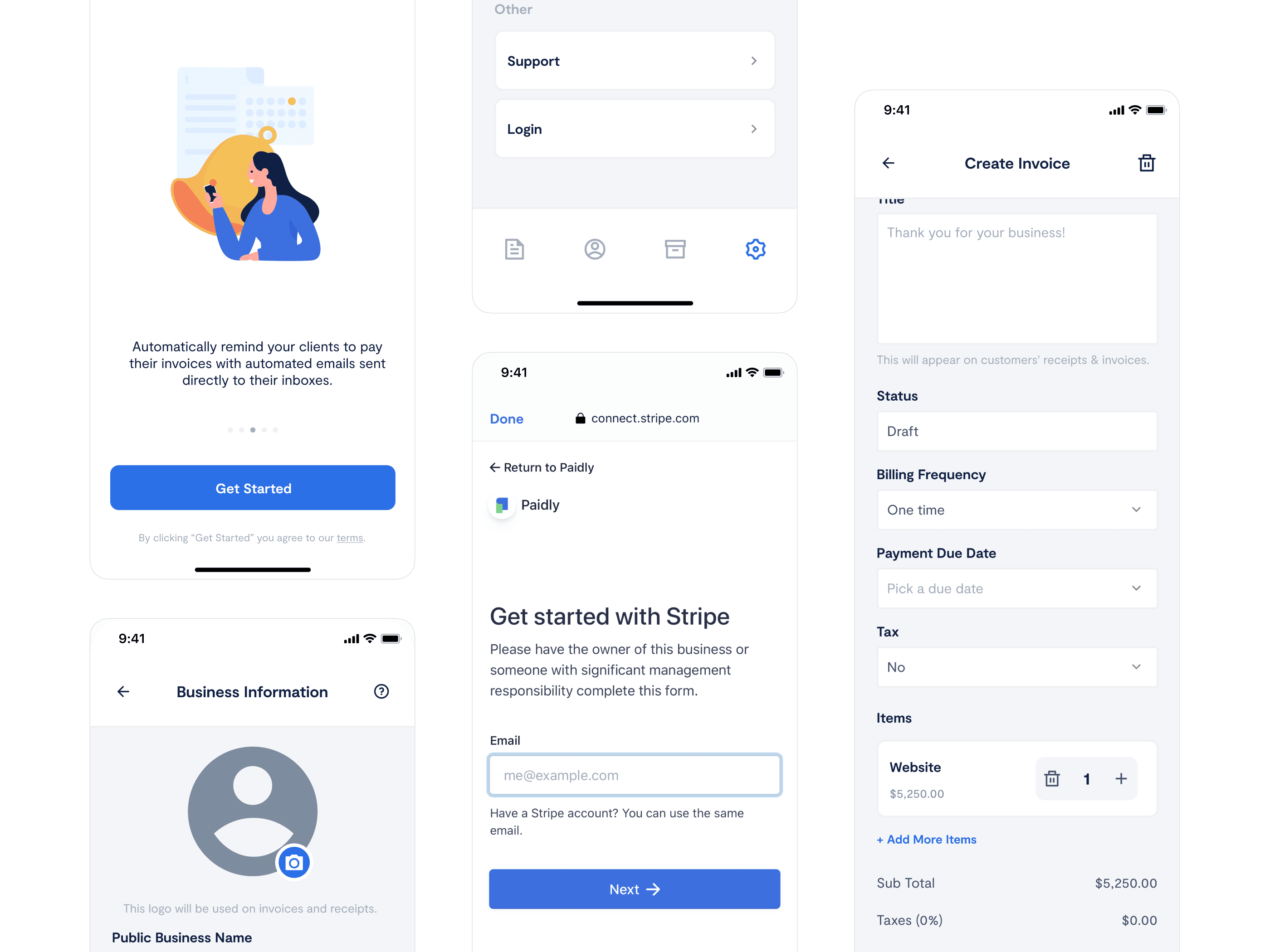 Paidly app screens showing onboarding flow, invoice creation, business setup, and Stripe integration