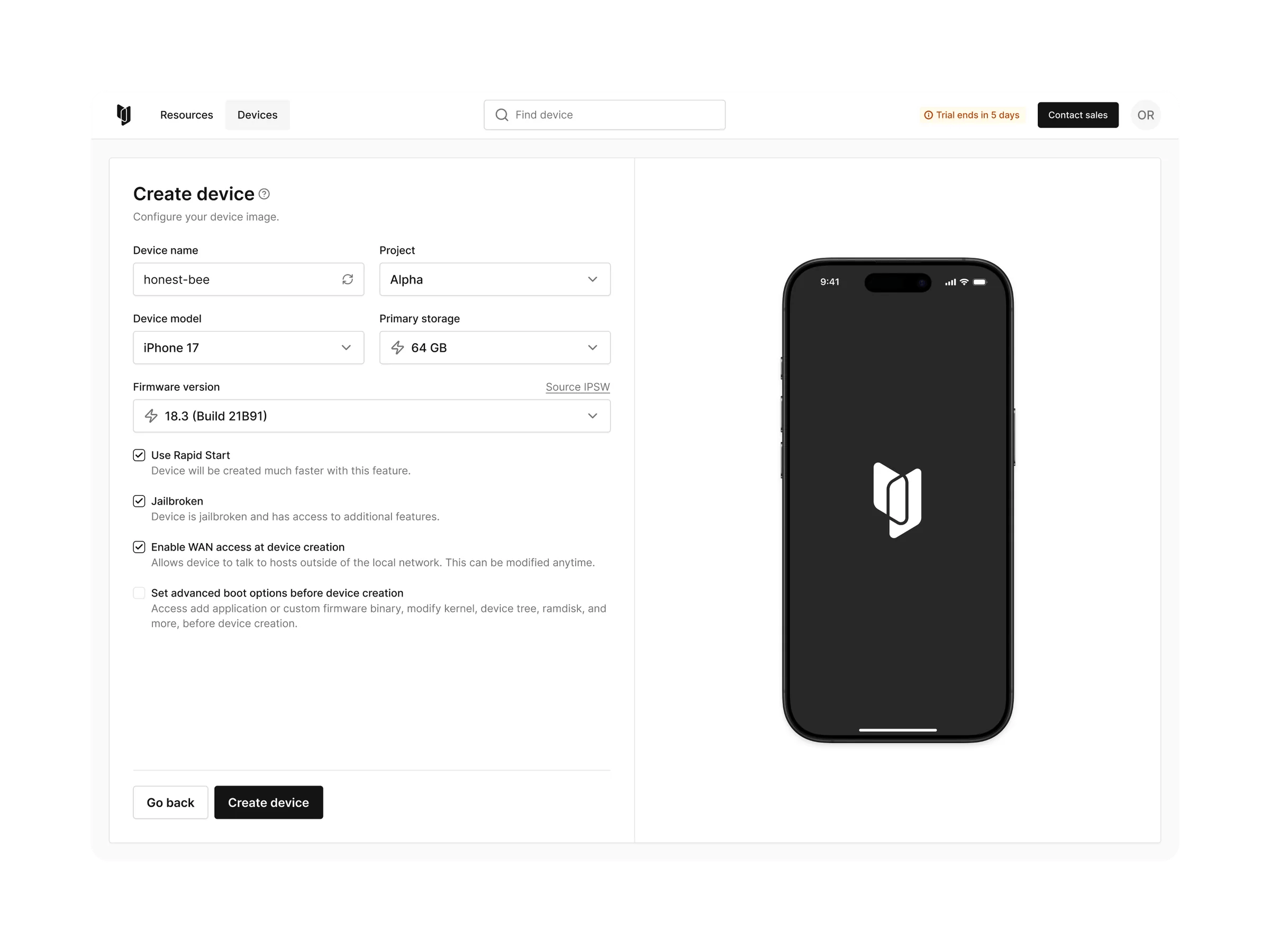 Corellium iOS device selection interface