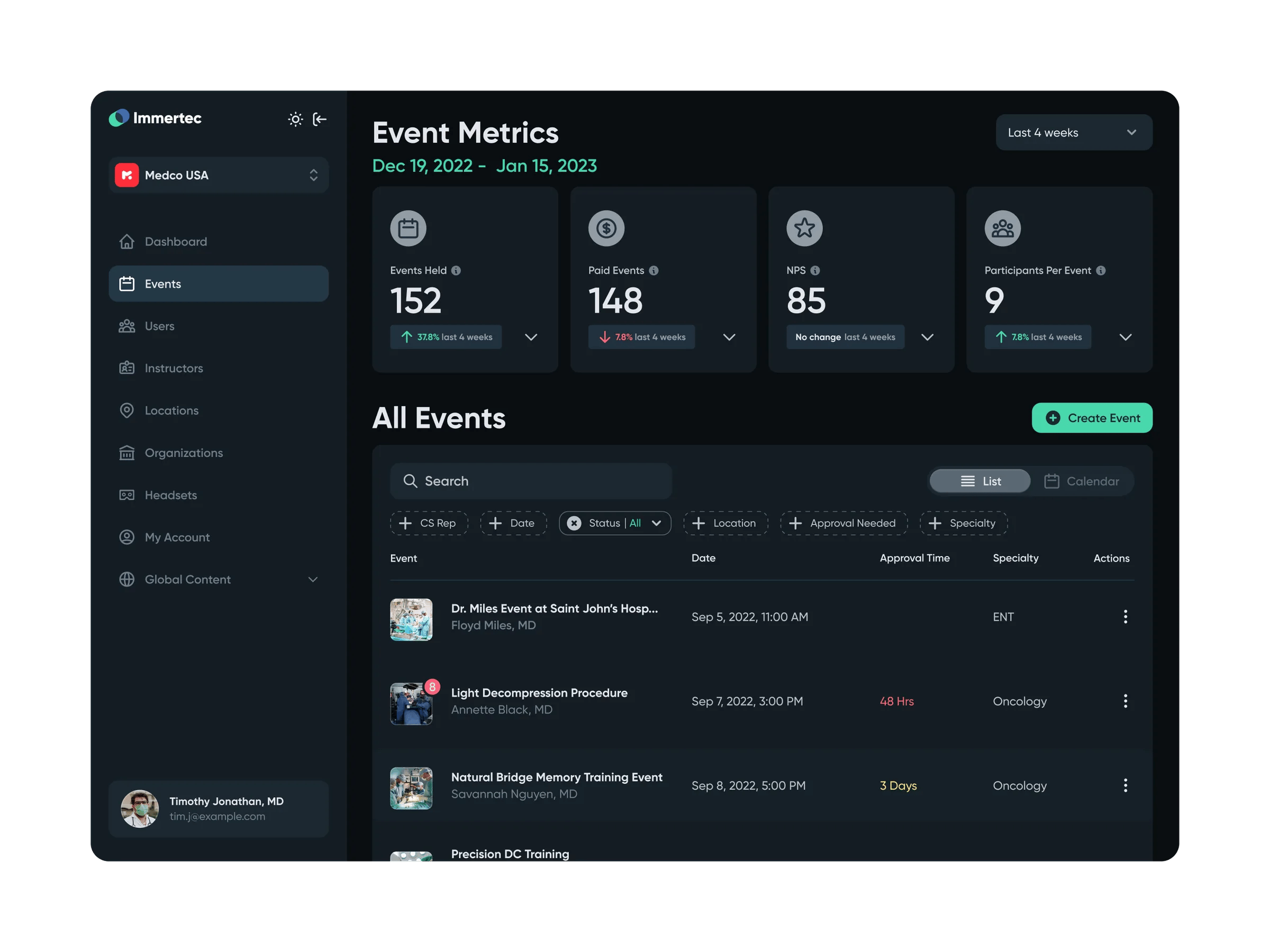 Immertec event list interface