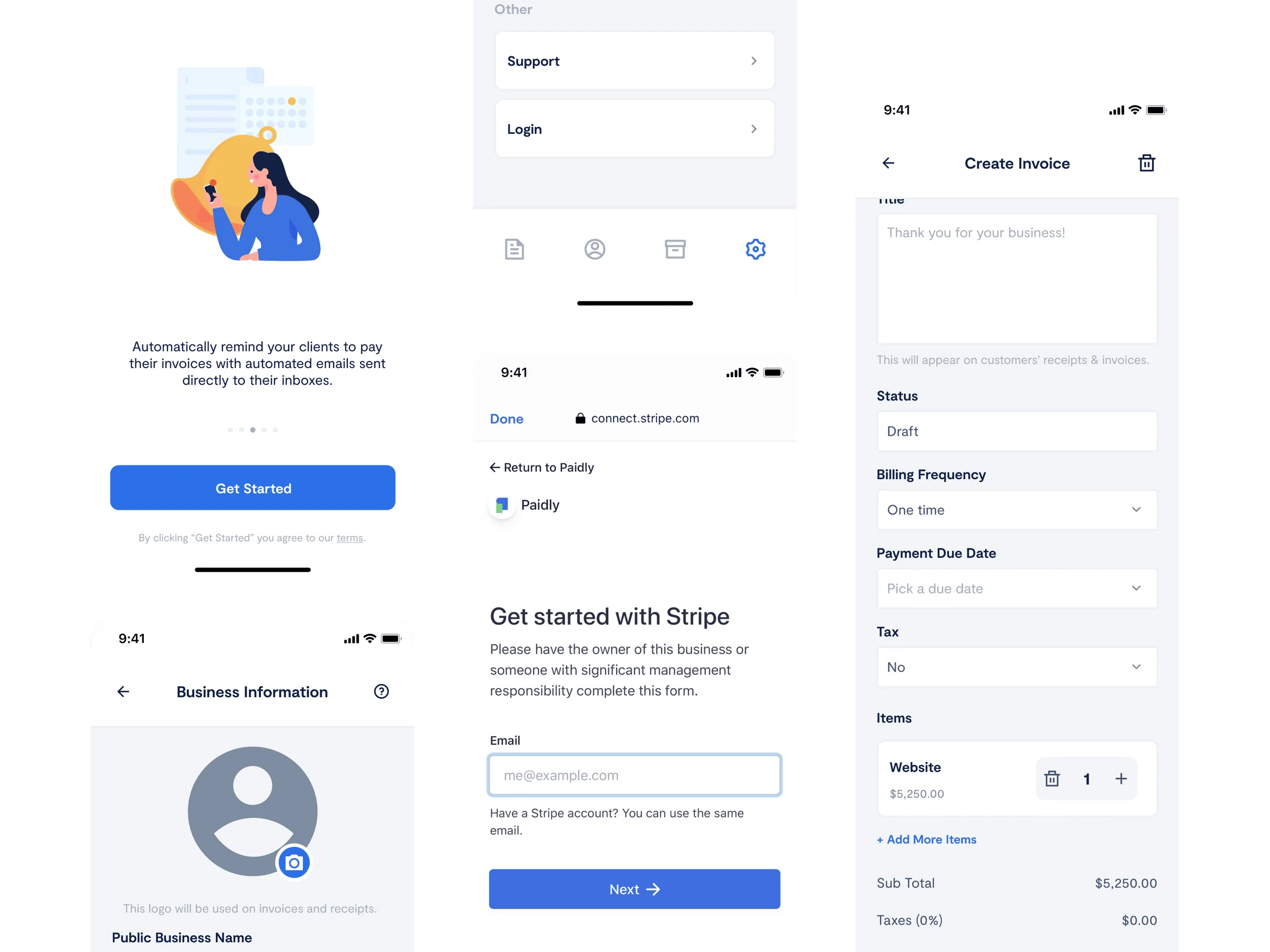 Paidly app screens showing onboarding flow, invoice creation, business setup, and Stripe integration