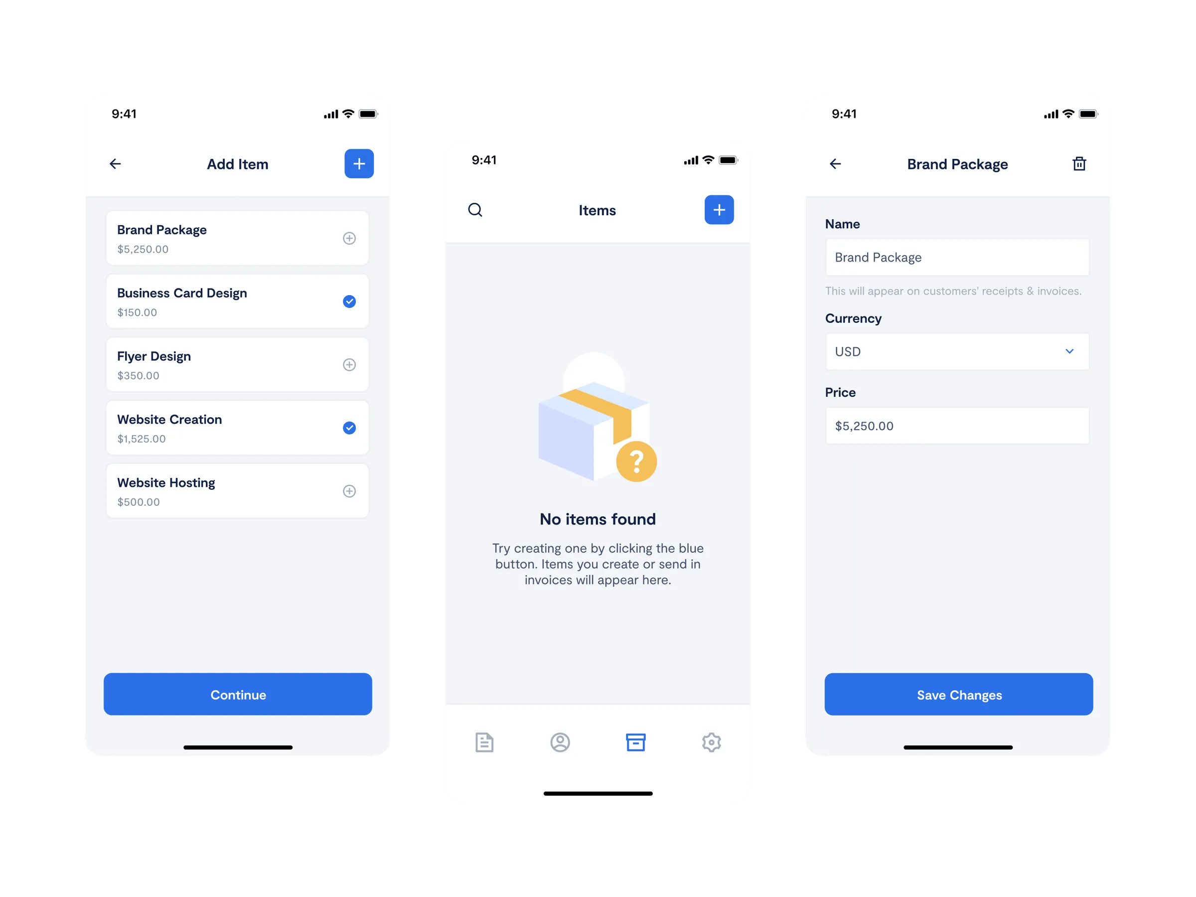 Paidly app screens showing item management: adding items, empty state, and item creation form