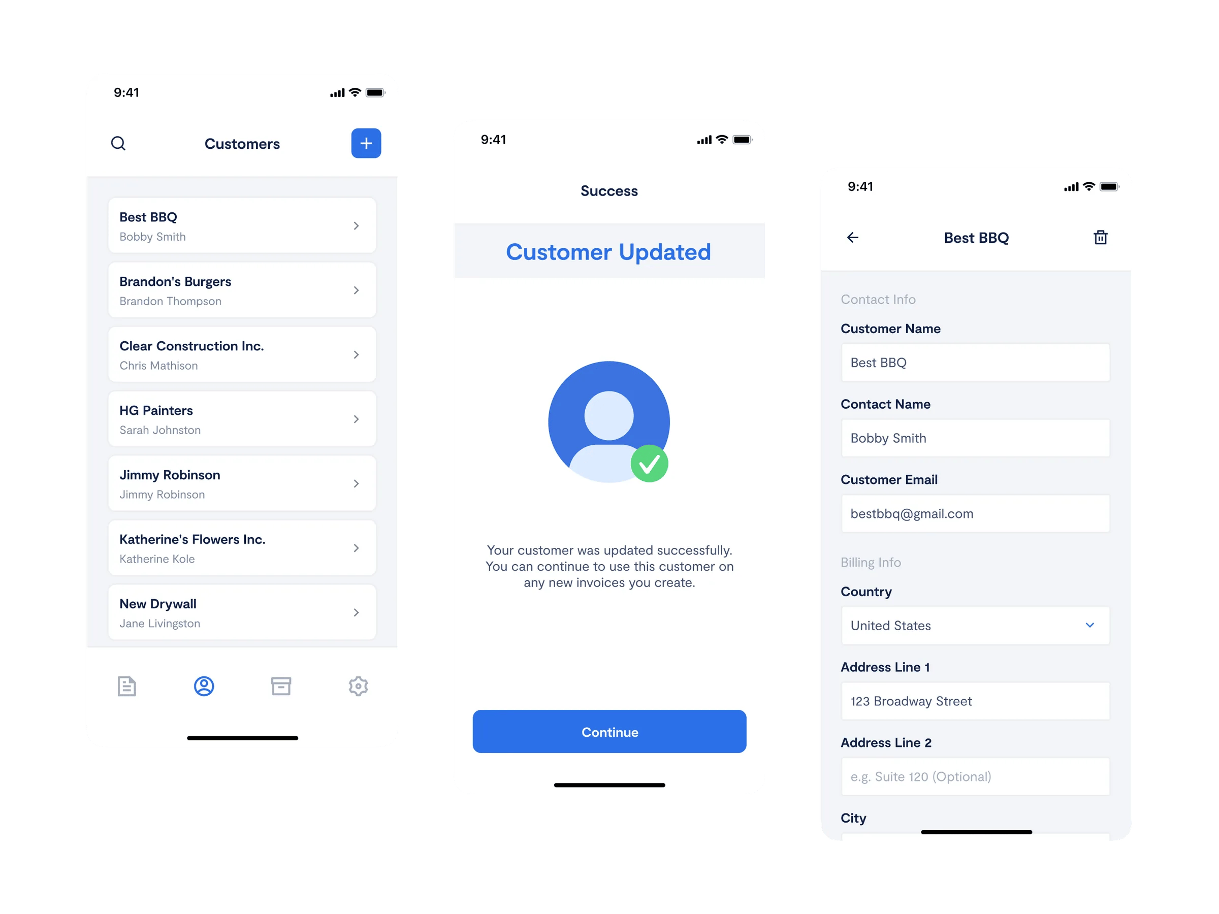 Paidly app screens showing customer management: customer list, success confirmation, and customer details form